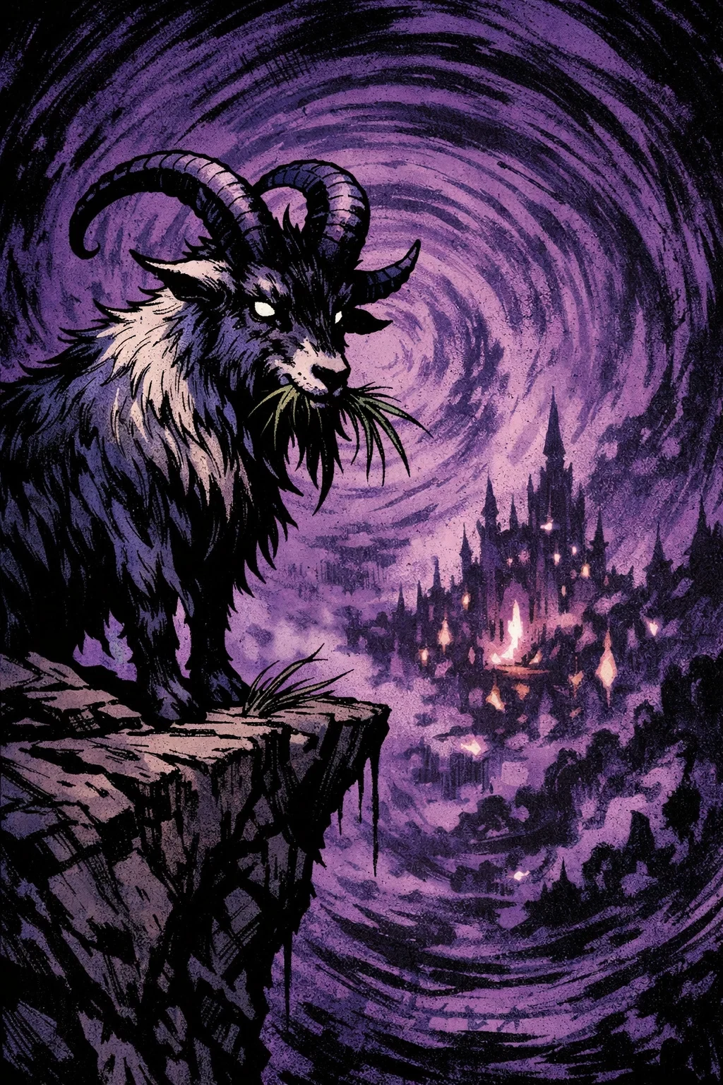 A horned goat surrounded by a purple phase distortion above a fantasy landscape