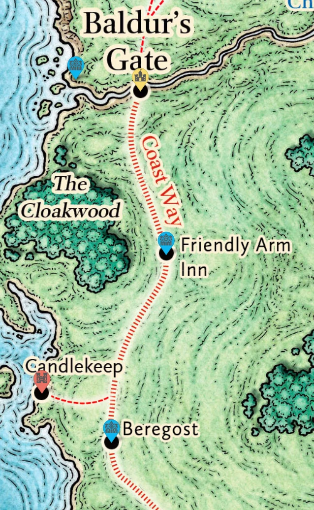 Sword Coast map showing Baldur’s Gate, the Cloakwood, Friendly Arm Inn, Candlekeep, and Beregost