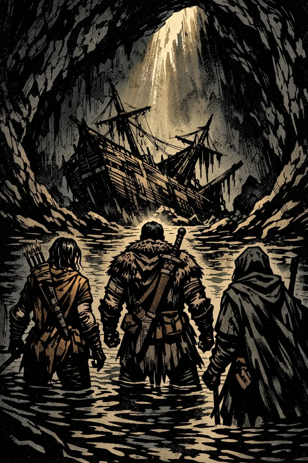 Adventurers wading through a flooded cavern toward a wrecked ship