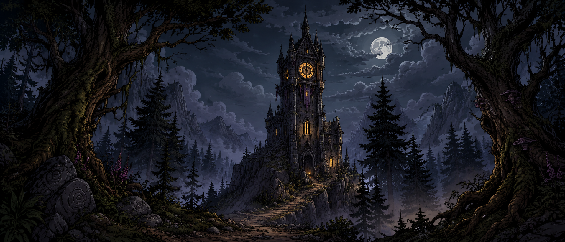 A narrow stone clocktower rising above a misty pine forest in the Cloakwood