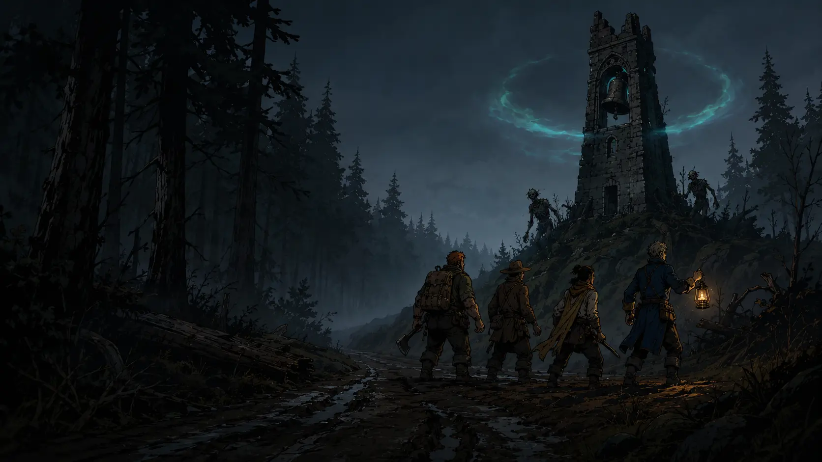 A narrow stone clocktower rising above a misty pine forest in the Cloakwood