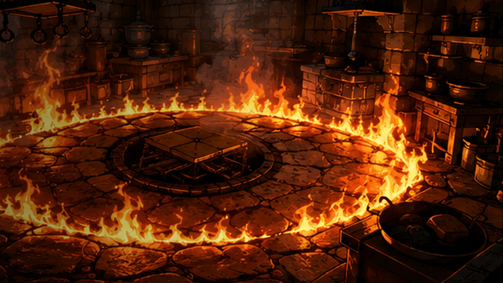 A perfect ring of living fire burning across the Friendly Arm kitchen floor over an ancient buried gate