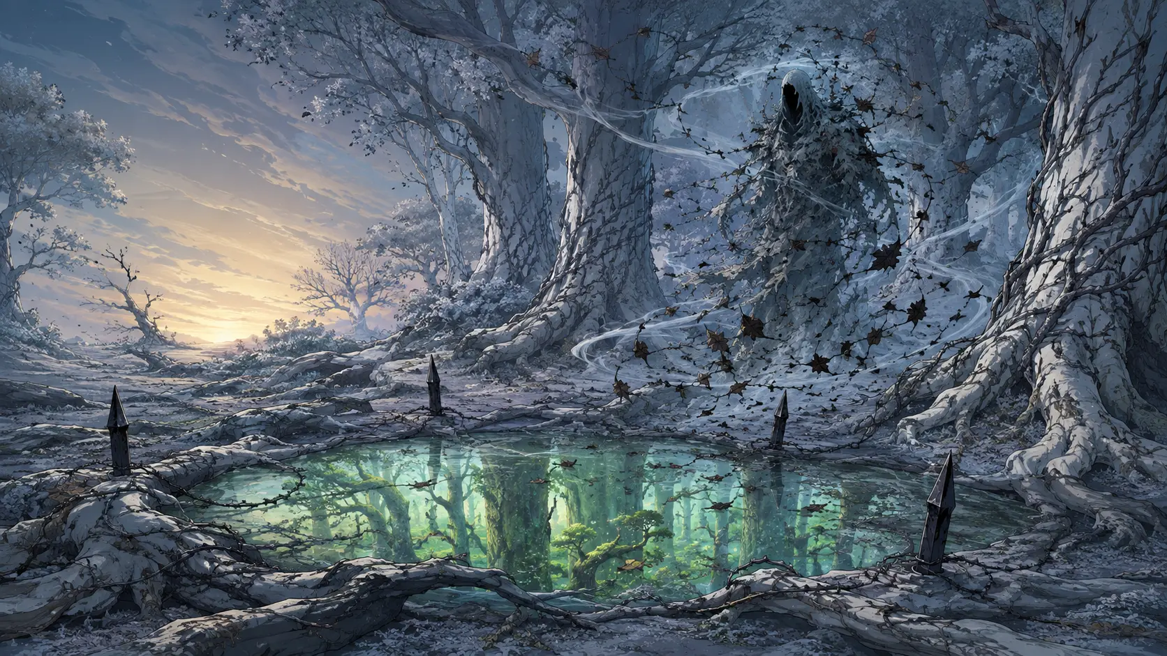The Breath-Taker circles a Fey pool among cold-iron wards in Still Grove