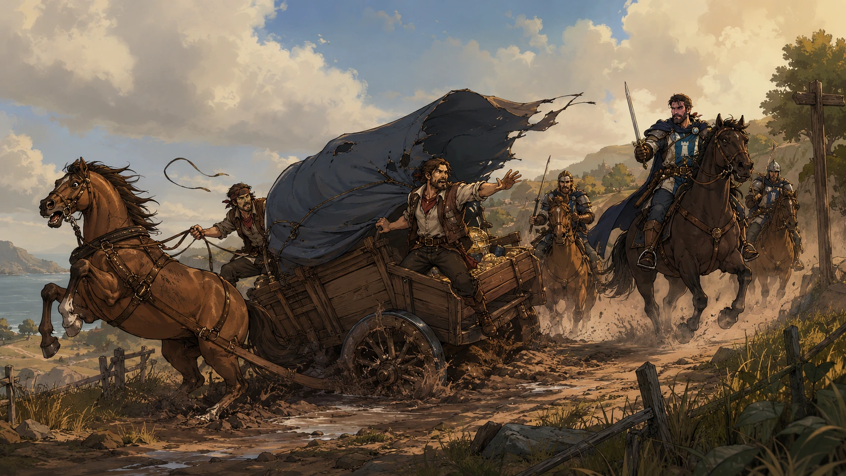 A wagon in a muddy ditch as armed riders close on it along the Coast Way.