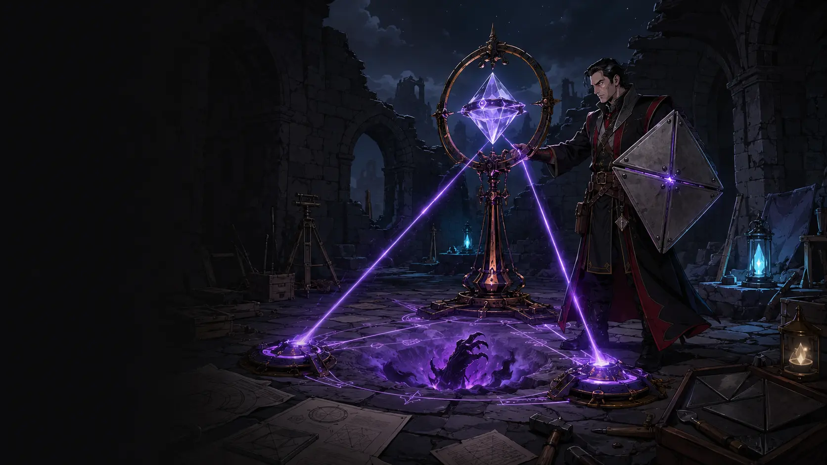 Mordas holds an unfinished diamond shield beside a violet spell-lens and a forming planar breach in Ulcaster's ruins.