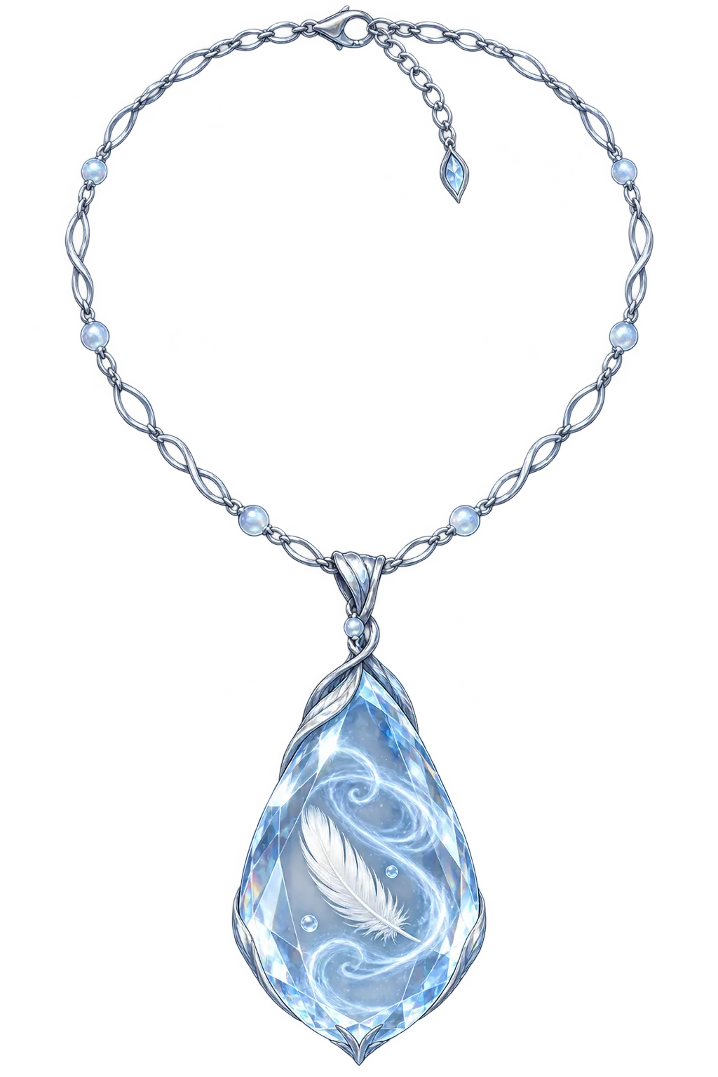 A silver-blue necklace with a clear pendant holding a white feather and spiral of air