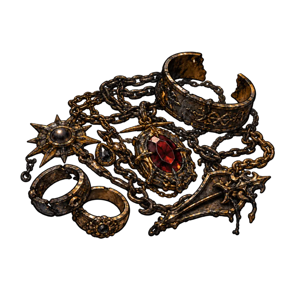 A small collection of rings, chains, and jewelry darkened by shrine fire