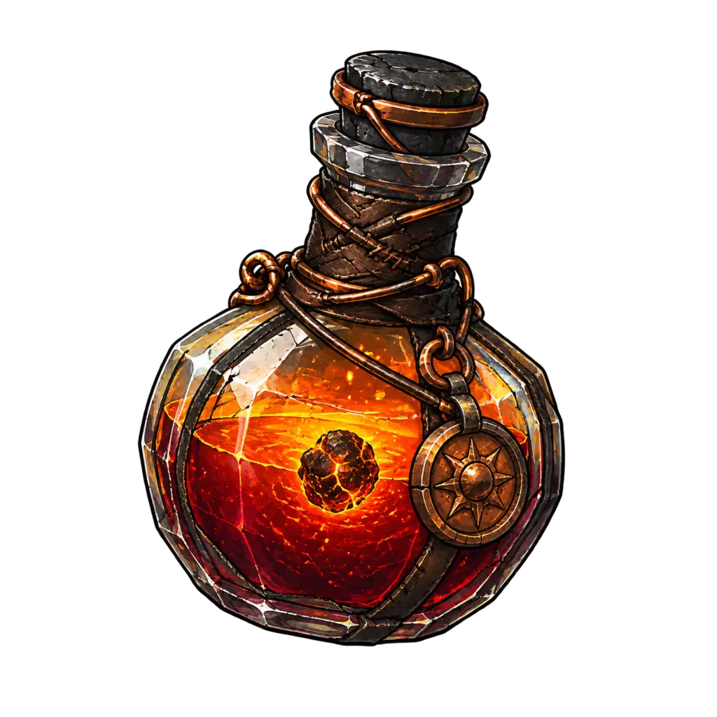 A stoppered potion bottle filled with glowing ember-orange liquid