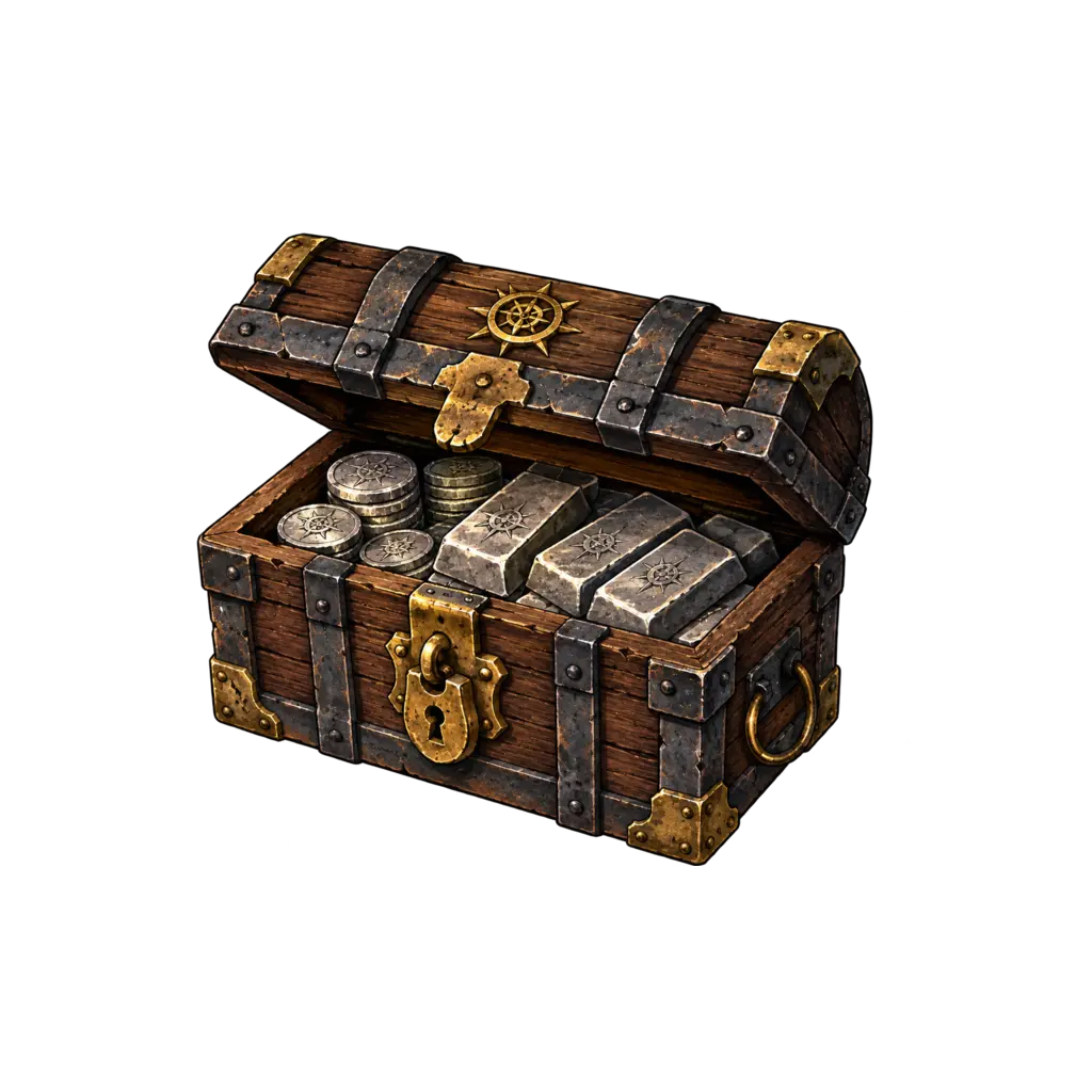 An ironbound lockbox containing old trade bars and stamped temple silver