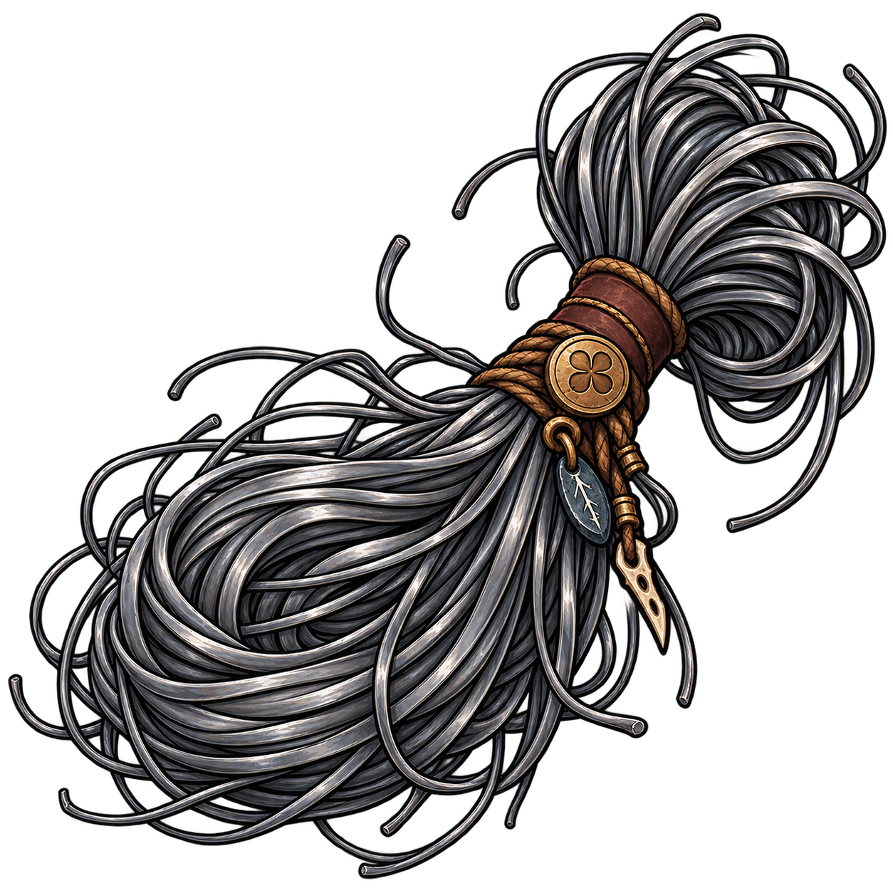 Korred hair transformed into silver wire, mossy cords, and small iron ringlets