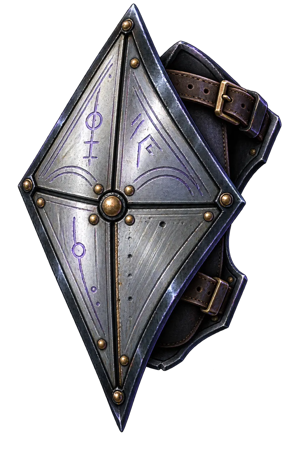 An unfinished four-plate diamond arm shield with pale metal, bronze rivets, and dormant violet channels.